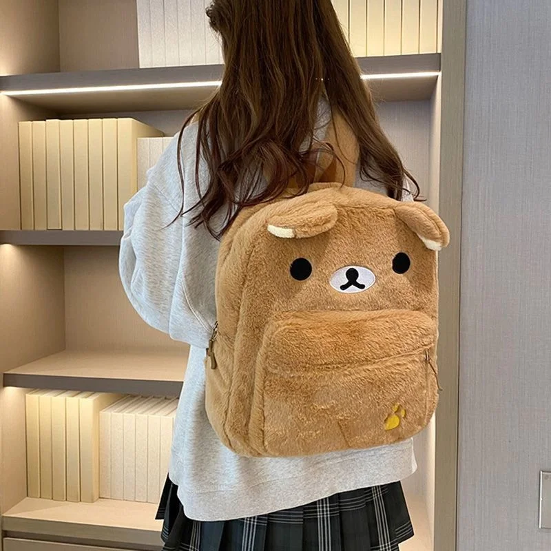 Japanese-style Cute Plush Brown Rilakkuma Backpack New Embroidered Little Bear Adjustable Shoulder Strap Large-capacity Backpack