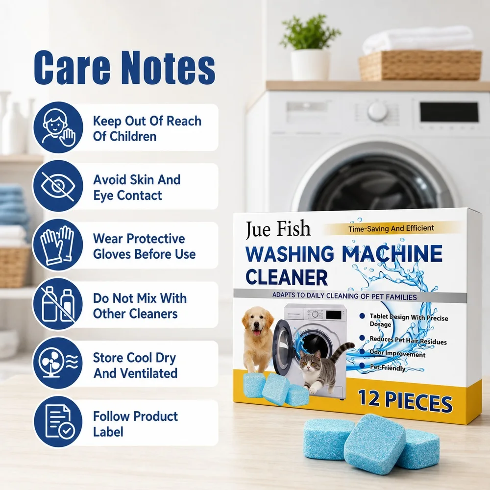 Jue Fish Washing Machine Cleaner Tablets 12 Pieces for Pet Home Laundry Front Load Top Load Washer Drum Buildup Routine Care Kit