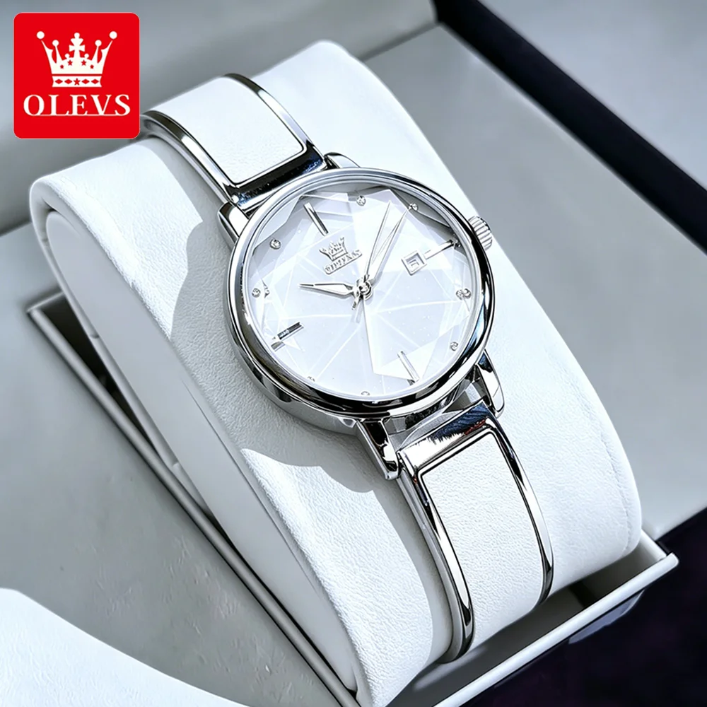 OLEVS Women's Watches Trend Fashion Leather With Steel Strap Original Quartz Wristwatch Waterproof Luminous Date Rhombus Mirror
