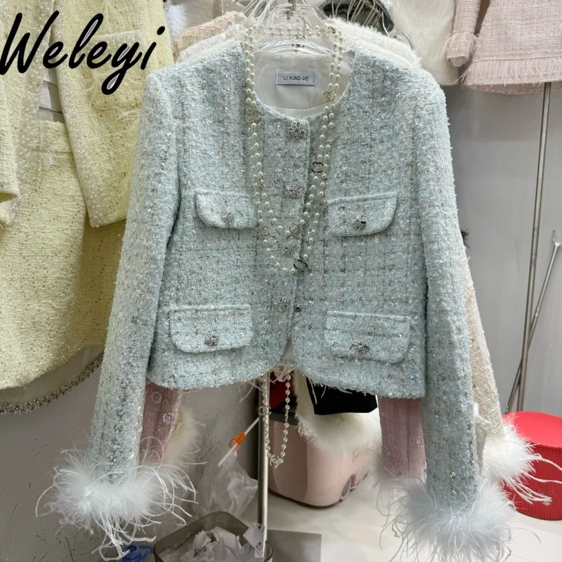 

Elegant Ostrich Sleeve Beads Cotton Padded Tweed Coat Autumn and Winter Temperament Long Sleeve Fleece Jaqueta Feminina Inverno