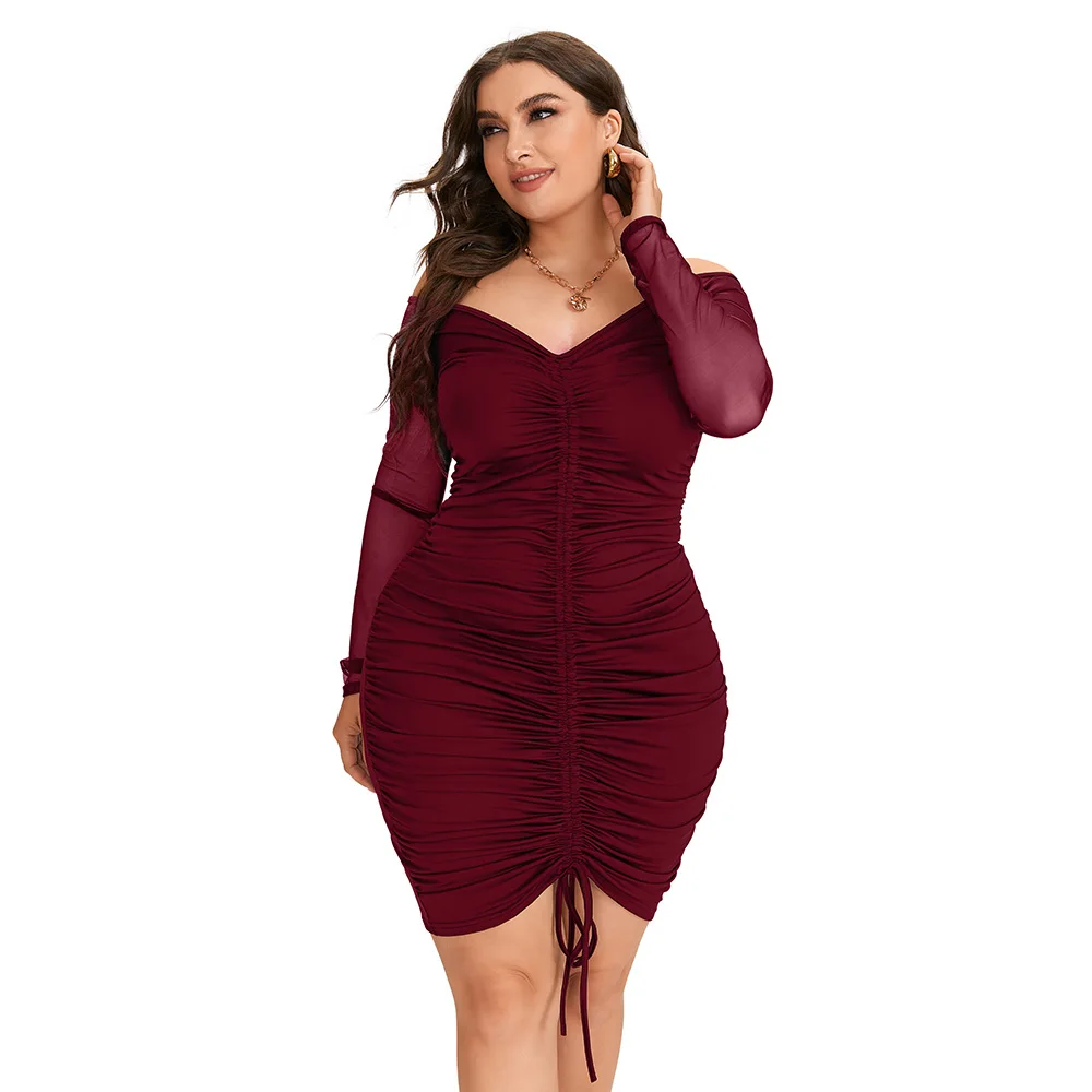 Women\'s Plus Size Sexy Off Shoulder Ruffled Bodycon Mesh Long Sleeve Dress