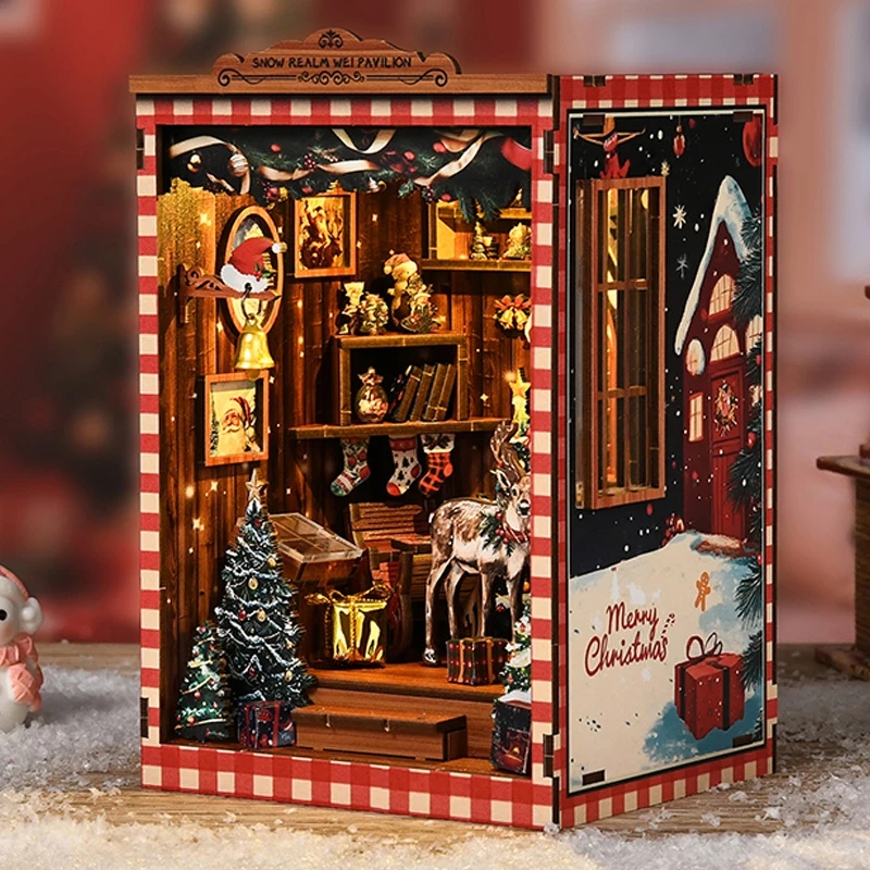 DIY Book Nook ชุดโมเดลไม้จิ๋วสโนว์เรล์ม เวย์ศาลา Bookend 3D ปริศนาชั้นวางหนังสือคริสต์มาสสำหรับของขวัญเพื่อน