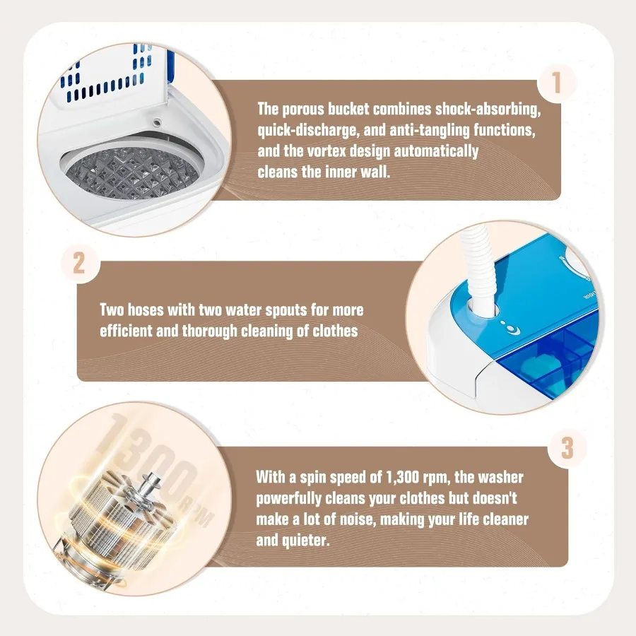 Portable Washing Machine16 lbs Mini Washer and Spin Dryer Combo Built-in Gravity Drain Compact Laundry Washer with Drain Pump T