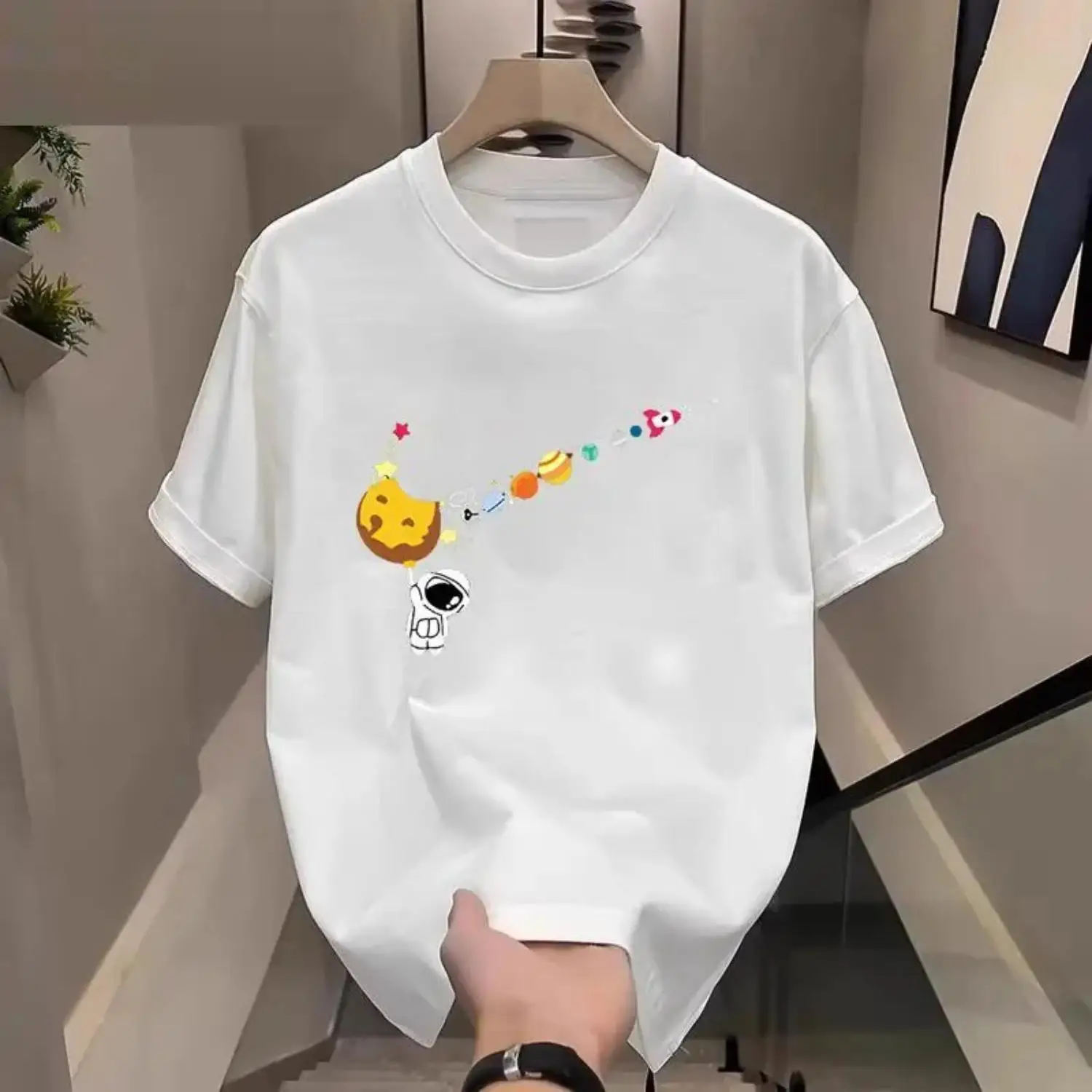 Space Planet Graphic Cotton T-shirt Breathable Galaxy Design Casual Summer Tee for Men and Women