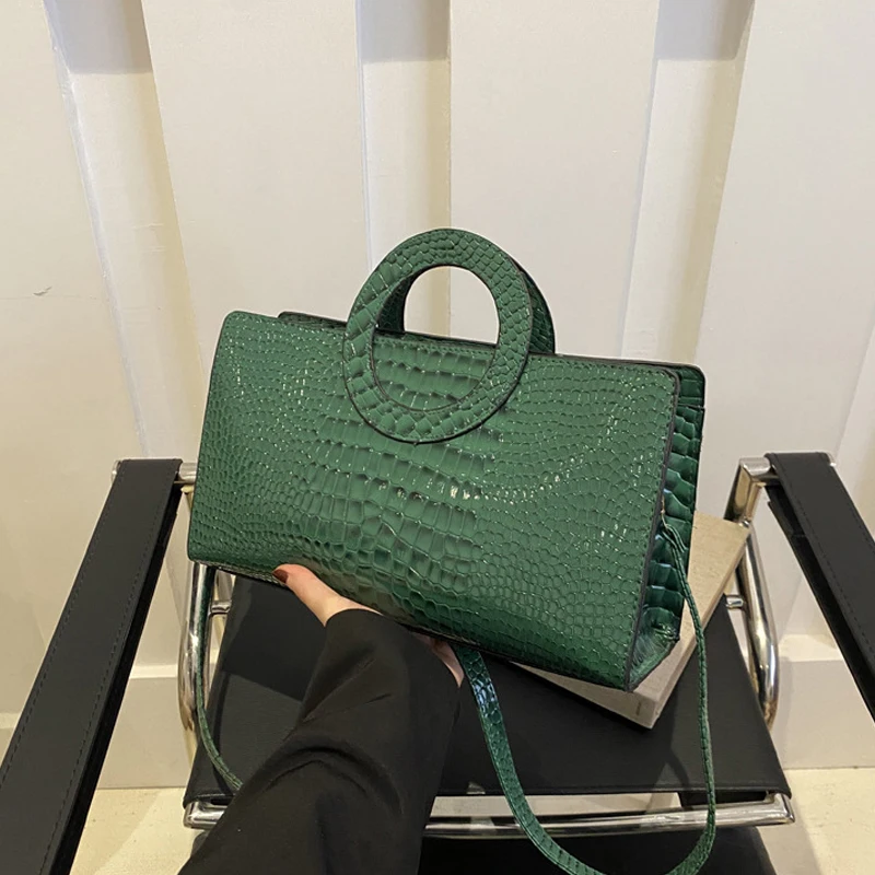 Women\'s Crocodile Pattern PU Leather Handbags Green Square Bag Fashion Brand Shoulder Messenger Bags Female Clutches