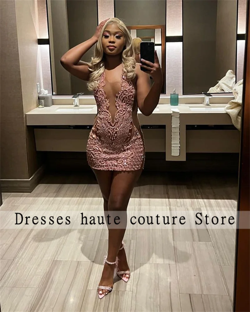 Pink Crystal Rhinestones Short Prom Dress For Black Girls 2025 Birthday Party Gowns Diamonds Mini Cocktail Dresses Customized