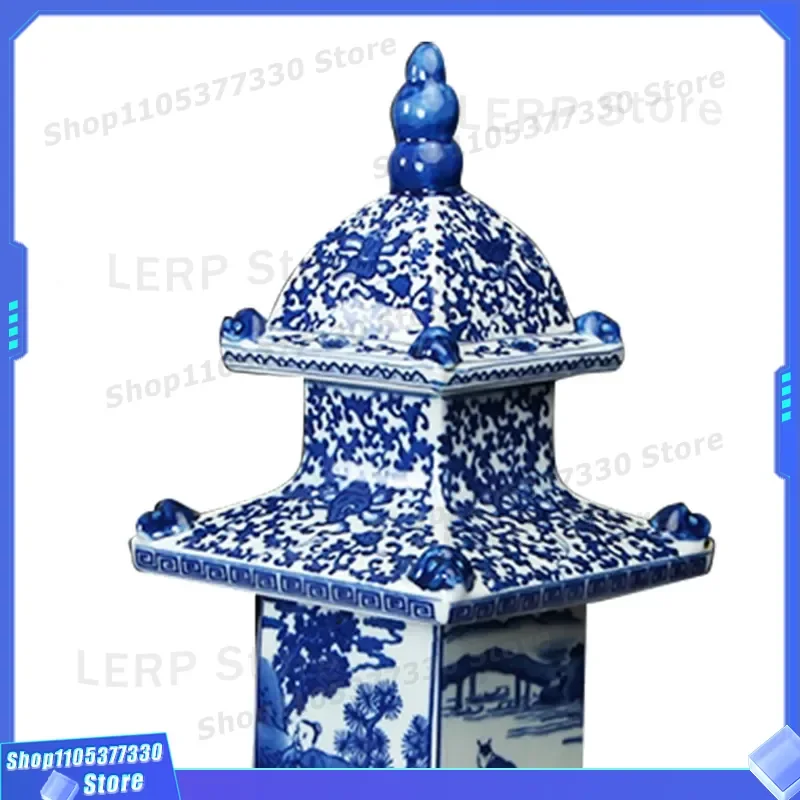 Jingdezhen Blue and White Porcelain Tower Hand Painted Classical Chinese Style Linglong Ceramic Home Decor Accessories New