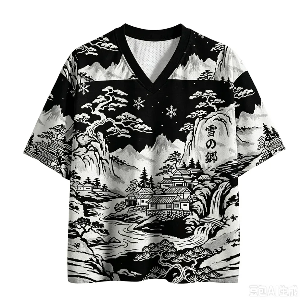 Modische japanische Ukiyo-e-Landschaftsmuster, 3D-gedrucktes lässiges Street-Outdoor-Fitness-T-Shirt für Männer mit V-Ausschnitt, große Größe, Eltern-Kind-Modell – Detail 2