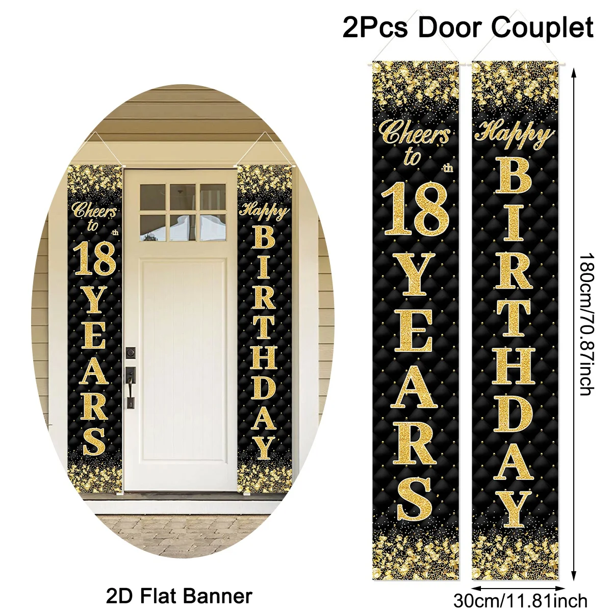 1 Paar 18./30./40./50./60. Geburtstag Türbanner Schwarz-Gold Glitzer-Design Polyester Türbanner für Erwachsene Geburtstagsfeier-Dekoration – Detail 2