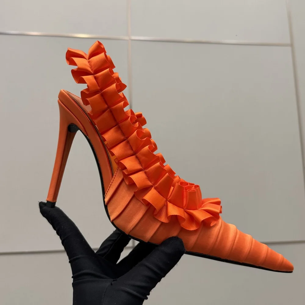 Women Satin Ruffle Slingback Pumps Pointed Pleated Stiletto High Heel Shoes Evening Party Wedding Bridal Dress Heels for Ladies