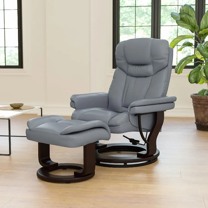 Allie LeatherSoft Upholstered Recliner with Footrest, Arms, and Headrest, Padded Swivel Recliner Chair and Ottoman Set, Brow