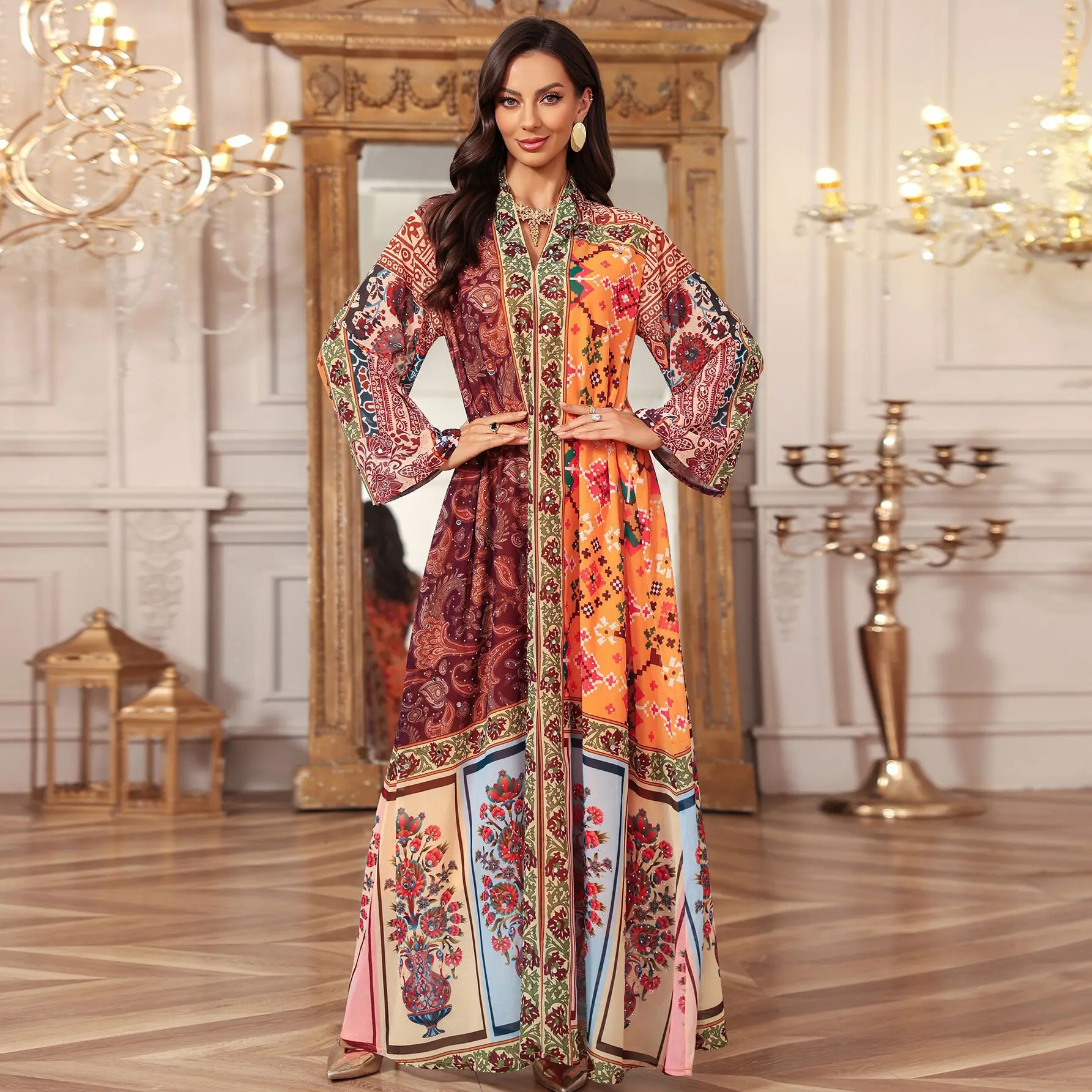 Abaja Damska Sukienka na Eid Muzułmańska z Nadrukiem Diamentowa Dubaj Turcja Długa Sukienka Vestidos Largos Ramadan Maroko Kaftan do Modlitwy Szata Abaje