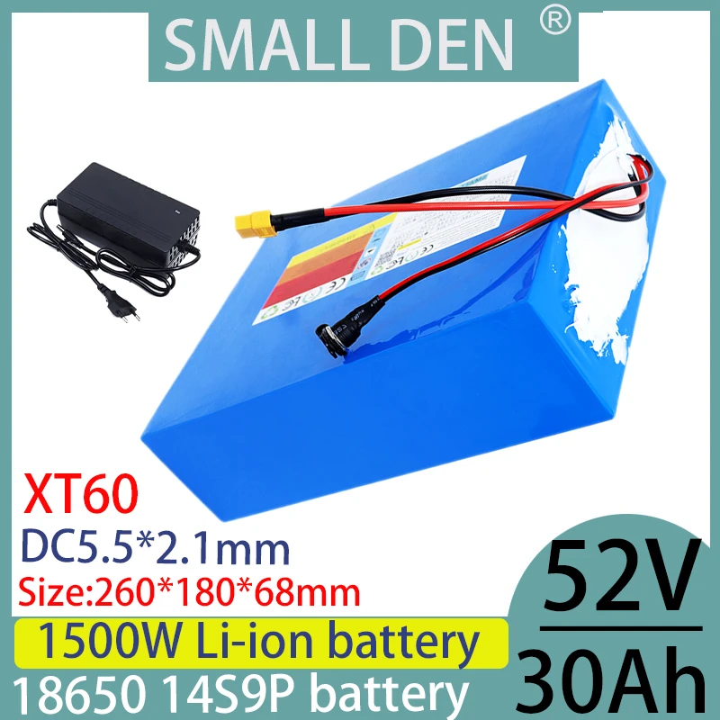 18650 rechargeable lithium-ion battery 52V 30000mAh 14S9P 1500W, used for bicycles, scooters, motorcycles+58.8V 2A 3A 5A charger