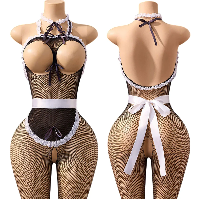 Deseos juego sexual disfraz sin entrepierna Cosplay para adultos medias de sirvienta Porno lencería transparente mono pechos abiertos uniforme Sexy seducción