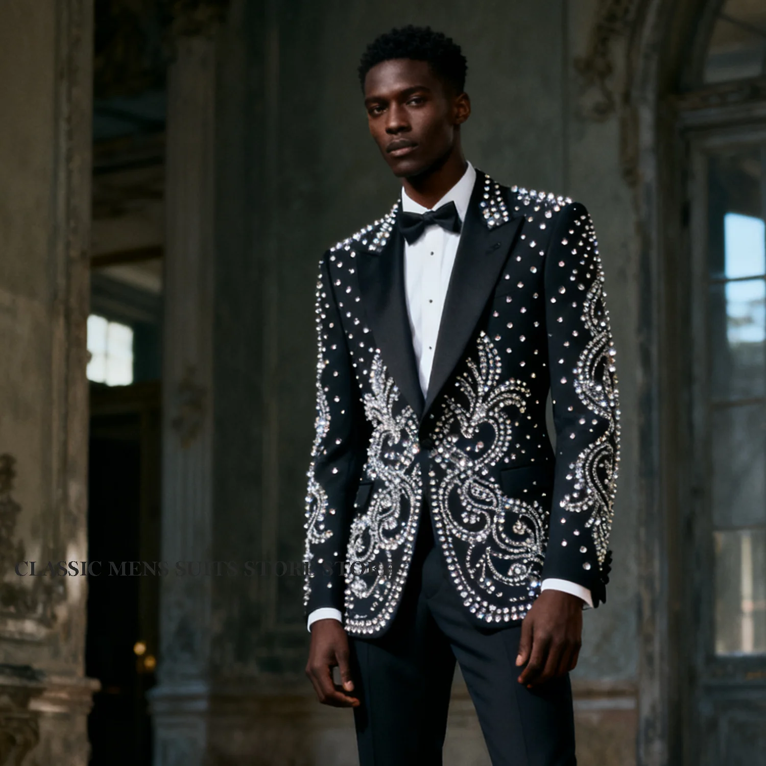 

Элегантные мужские костюмы со стразами и кристаллами, смокинги для жениха, индивидуальные свадебные мужские вечерние комплекты из 2 предметов, пиджак с остроконечными лацканами, Ropa Hombre