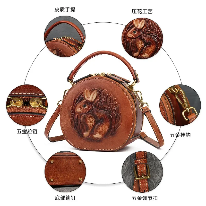 2024 Women Fashion Art Style Genuine Leather Embossing Rabbit Circular Bag Concise Retro Shoulder Bag Crossbody Bag Office Daily