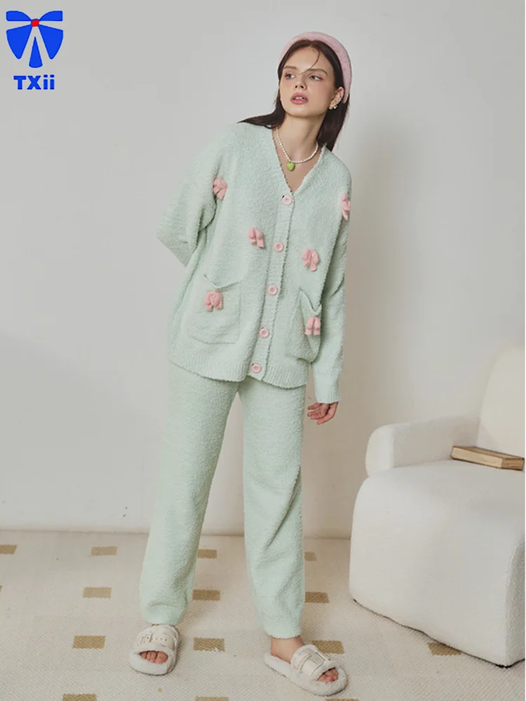 TXii Newlook Autumn and Winter New Green Bow Loose Thick Half-side Velvet suit Thick Sweet Cardigan High-end Home Clothes