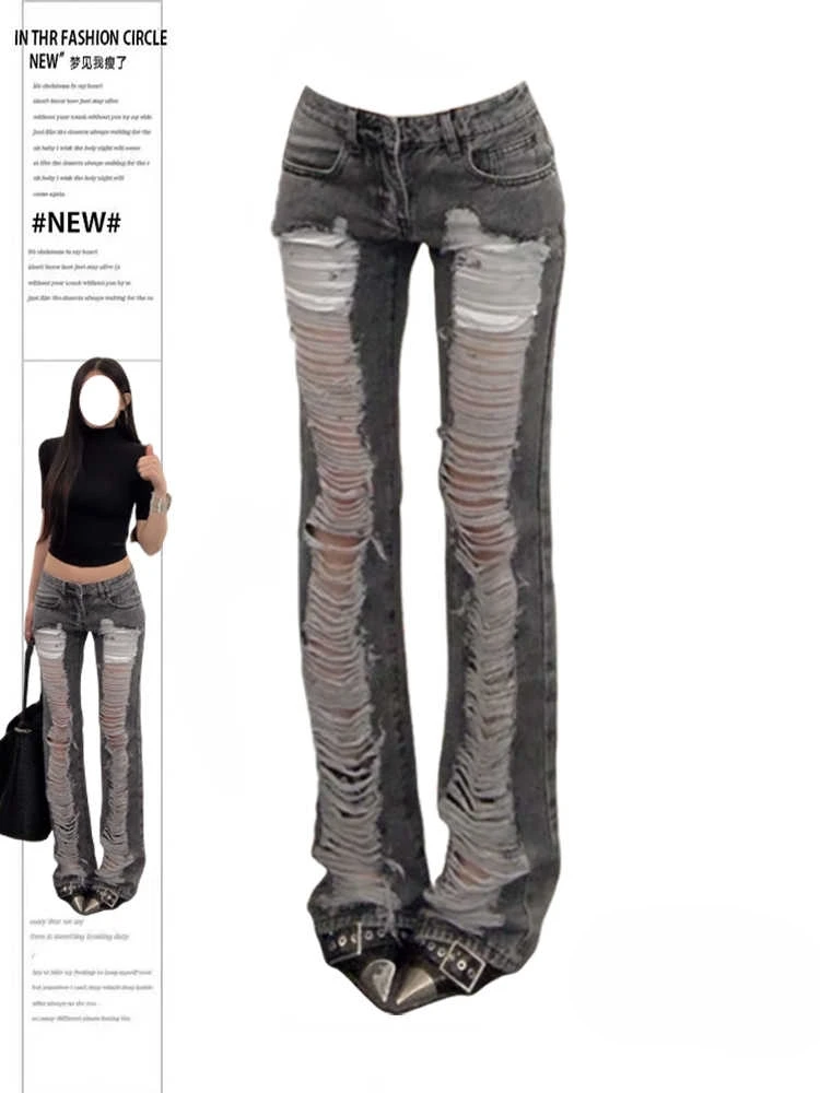 

Женские серые рваные джинсы скинни Harajuku, винтажные джинсовые брюки Y2k, японский стиль 2000-х годов, джинсы большого размера в стиле эмо, длинные брюки, одежда