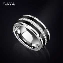 Wedding Rings for Men, Inlay Black Ceramic Fully Stacked Cubic Zircon Tungsten Jewelry for Engagement, Customized