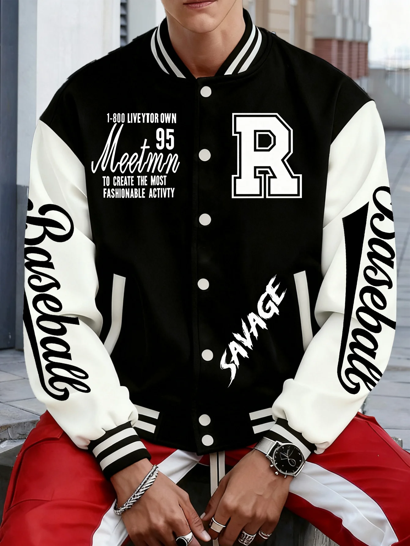 Letter pattern printed unisex baseball jersey with pockets on the front for autumn and winter styles