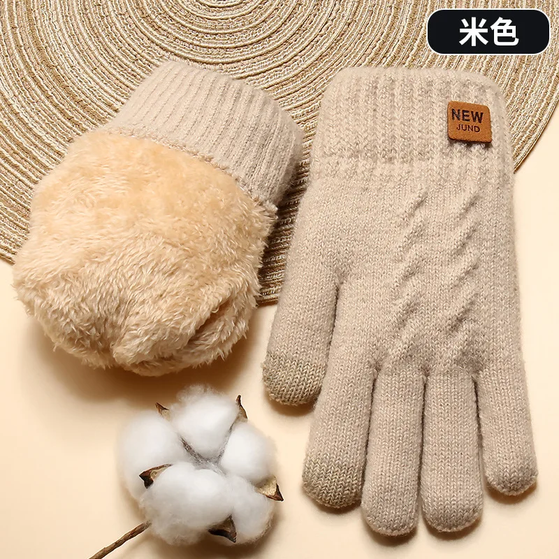 Women Winter Thickened Double Layer Knitted Gloves Wholesale Plus Velvet Cold Proof and Warm Solid Color Touch Screen Gloves