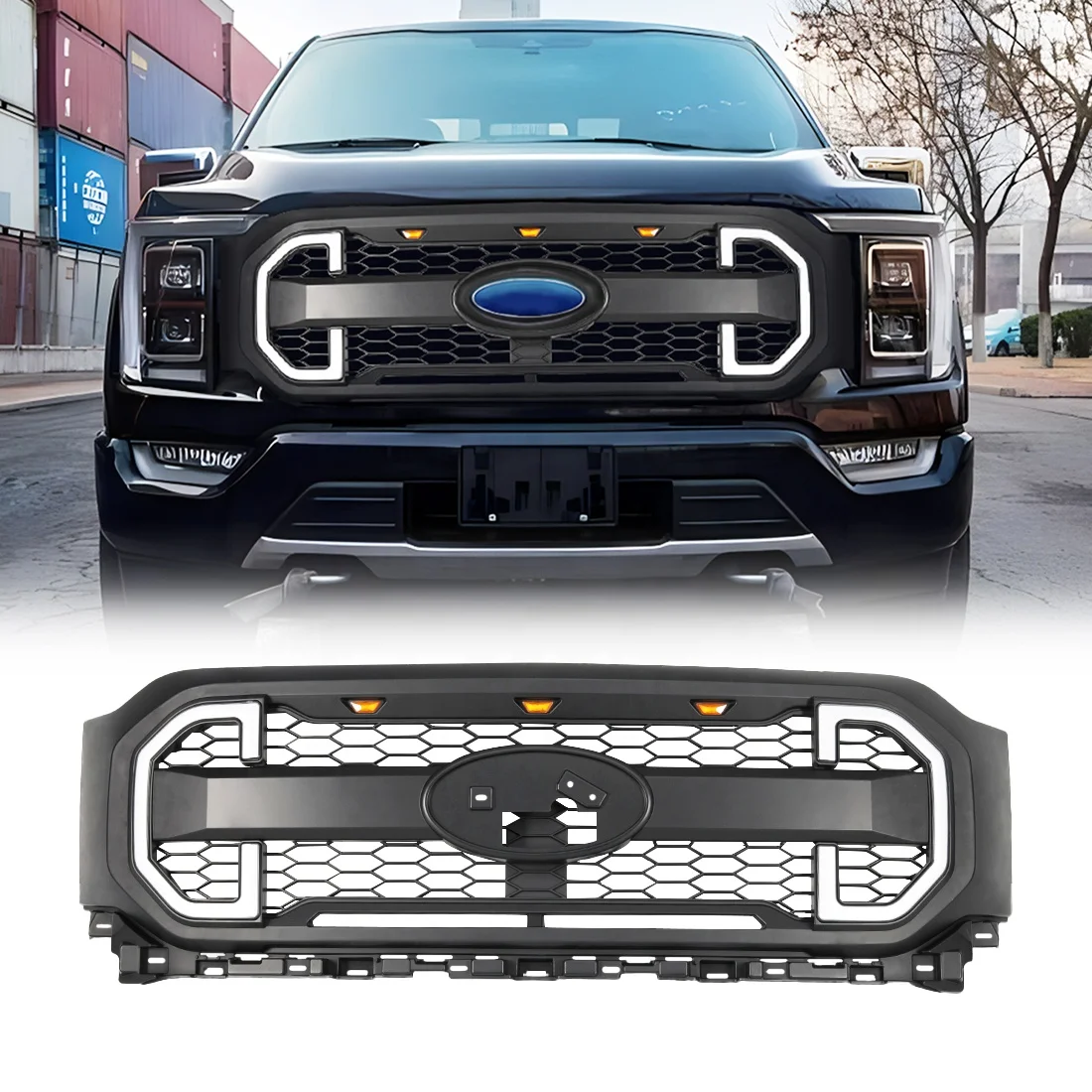 Custom Car Grill Front Raptor Style Grille With DRL & Turn Signal Lights For 2021 2022 2023 Ford F-150 F150 Truck