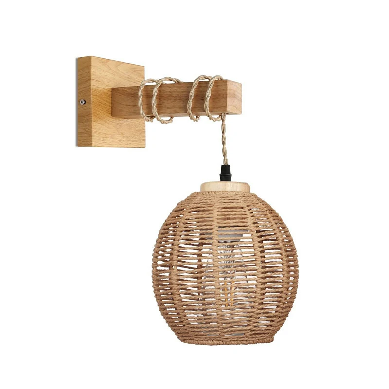 Vintage bambu japonês tecido lâmpada de parede Hemp Rope Light Lâmpada de parede de cabeceira Lâmpada de parede de quarto de jantar Farmhouse Hotel Wall Light