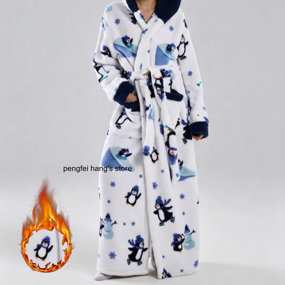 Winter Loose Fit Multi Color Animal Fruit Print Flannel Long Bath Robe with Double Pockets Belt Hooded Couples Loungewear Robe