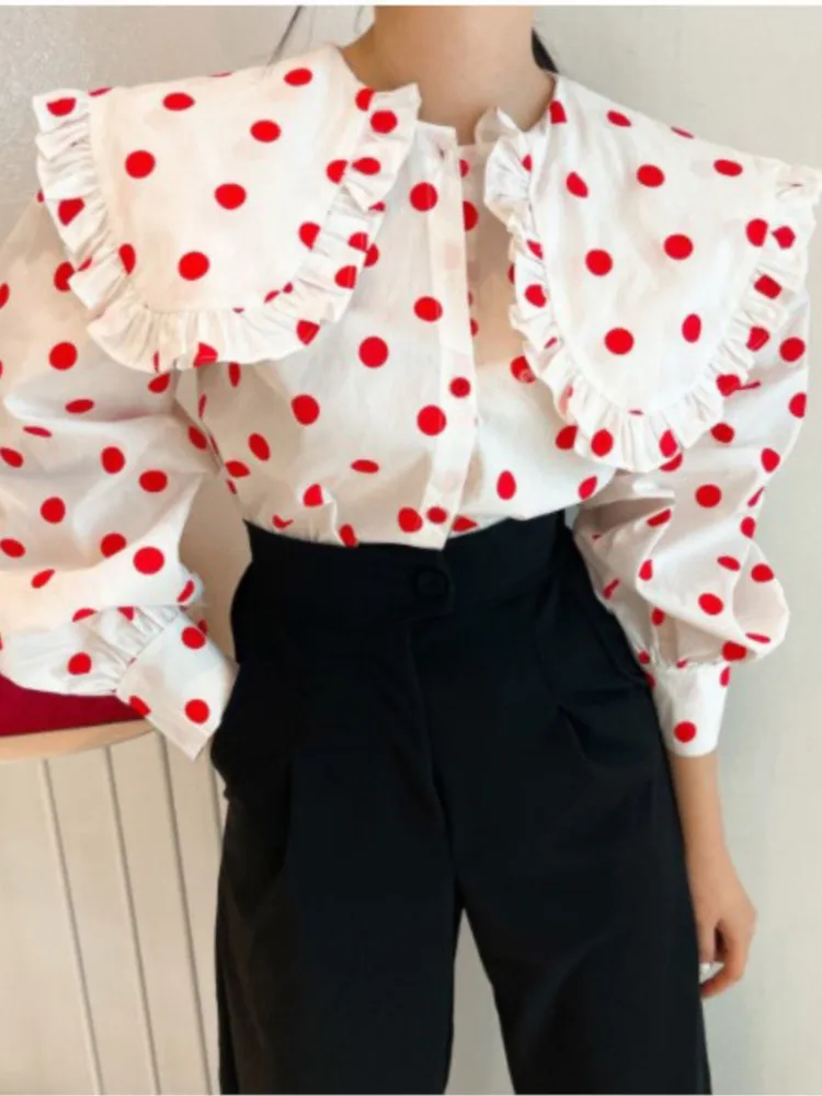 

Chic Polka Dot Turn Down Collar Women Blouse Franch Woman Tops Sweet Single Breasted Lanren Sleeve Loose Fashion Shirts 2024 New