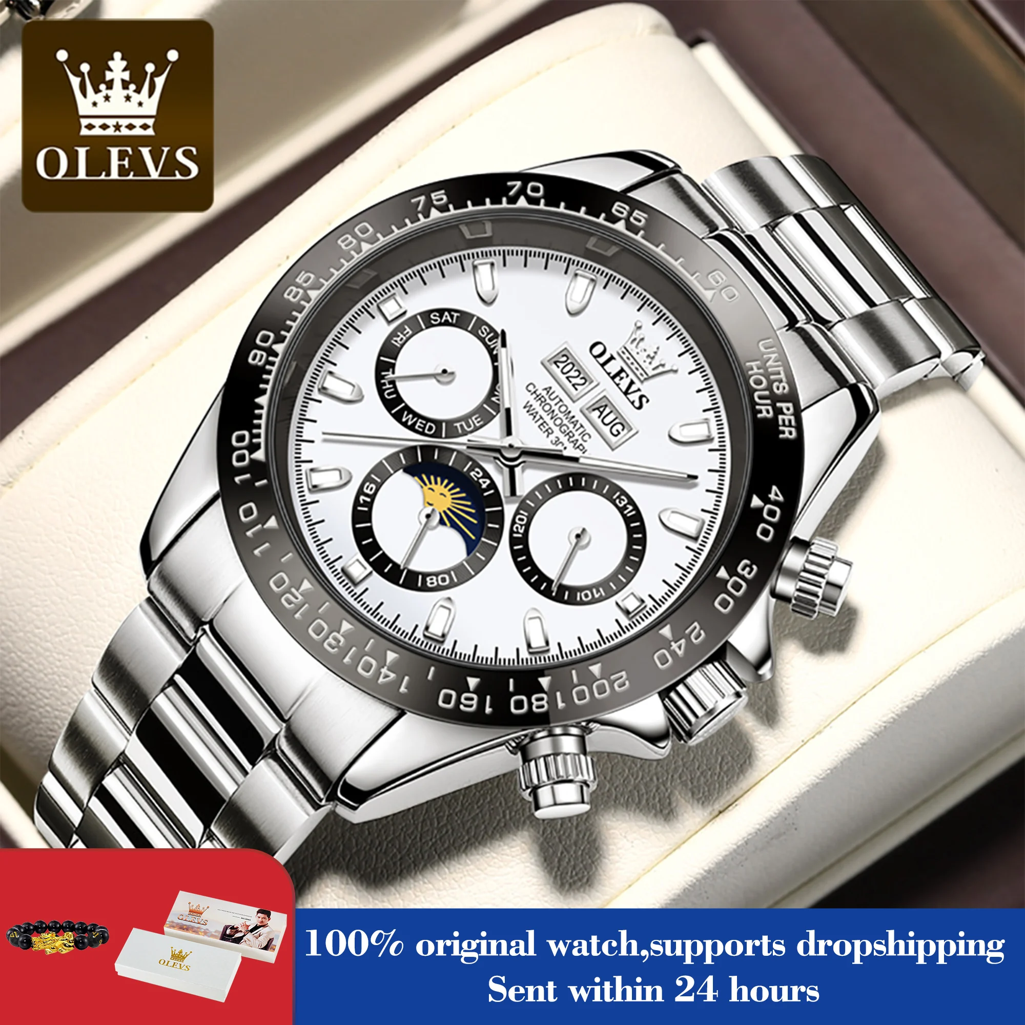 OLEVS 6654 Automatic Mechanical Watches for Men Stainless Steel Strap Luxury Brand Luminous Waterproof Moon Phase Man Wristwatch