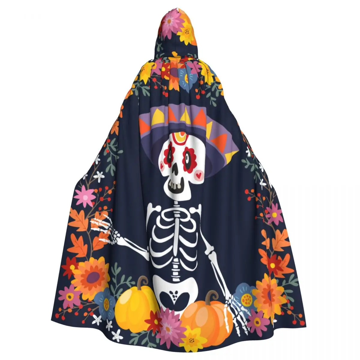 Long Cape Cloak Skeleton Pumpkins And Flowers Hooded Cloak Coat Hoodies Elf Purim