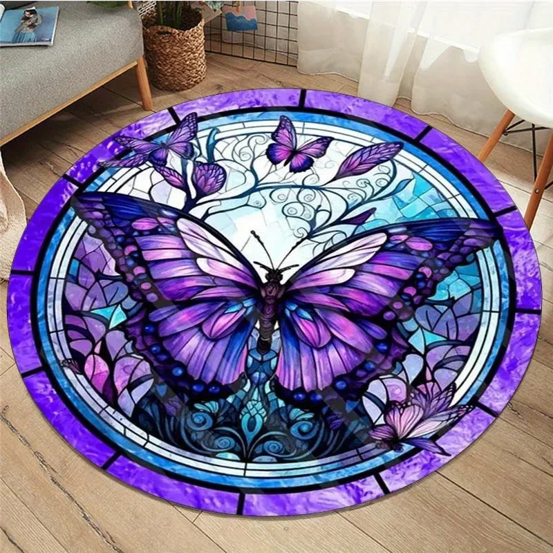 Purple Butterfly Stained Glass Style Round Rug Boho Art Home Decor for Living Room Bedroom