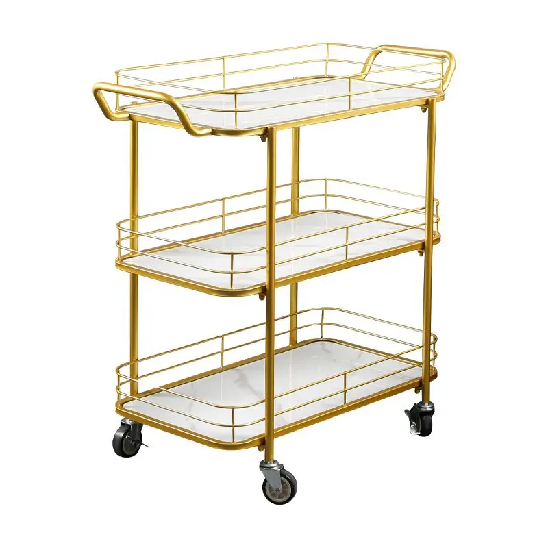 2-Tier Rolling Utility Cart Black Metal Frame White Marble-Patterned Shelves Lockable Wheels Handle Bar For Kitchen Dining Room