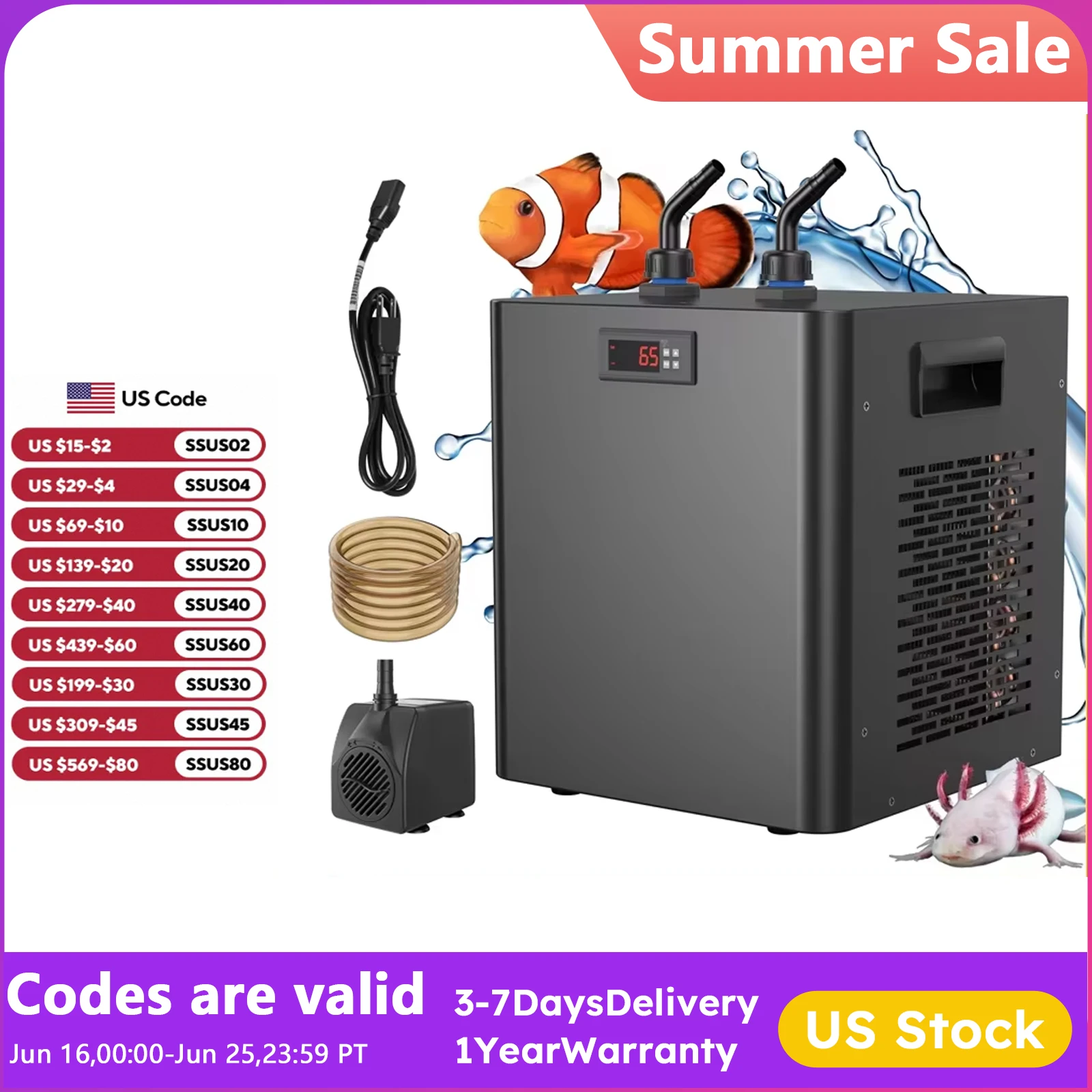 Aquarium Chiller 79Gal 1/3 HP Water Chiller for Hydroponics System Home Use Axolotl Fish Coral Shrimp 110V with Pump and Pipe