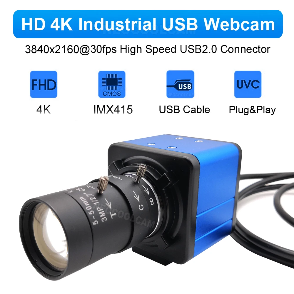 30fps Industrial 4K HD IMX415 Sensor USB Webcam 4MP F5253 /5MP IMX335 Sensor 2.8-12mm Varifocal lens UVC OTG PC Video Camera