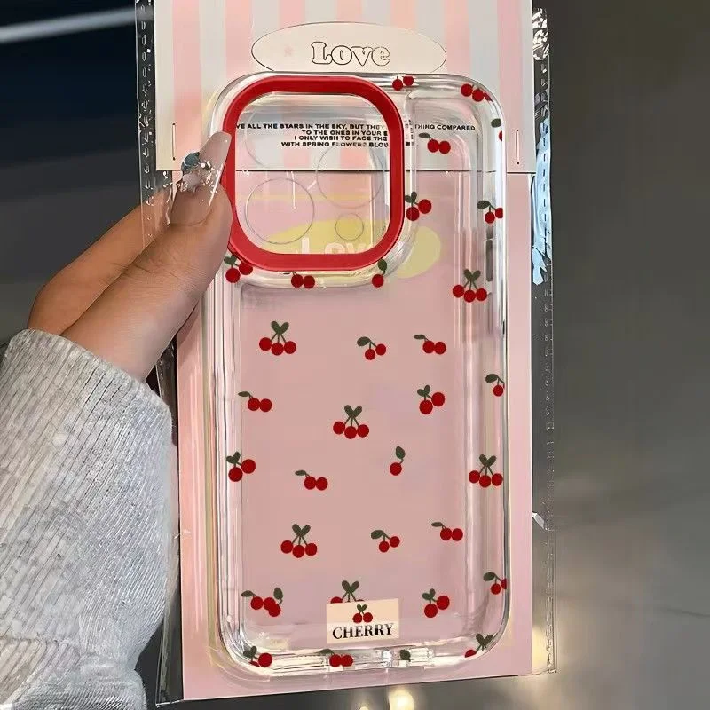 

Чехол для телефона с милым мультяшным вишневым узором для iPhone 17 16e 15 14 13 12 11Mini Pro Max X XR XSMax 7 8 Air Plus, прозрачный чехол