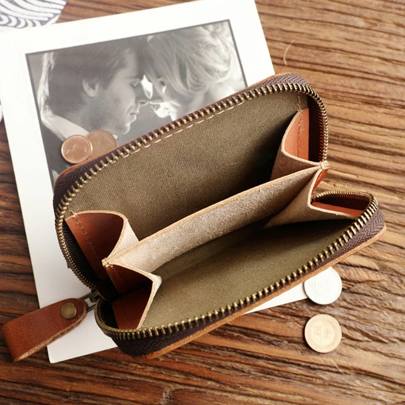 100% Genuine Leather Wallet For Men Male Cowhide Vintage Handmade Short Zipper Mens Purse Card Holder With Coin Pocket Money Bag