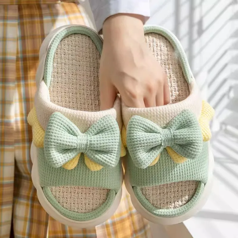 Chinelos de linho antiderrapantes internos para mulheres, sapatos de algodão domésticos, chinelo liso bonito bowknot, slides de casais, primavera, verão