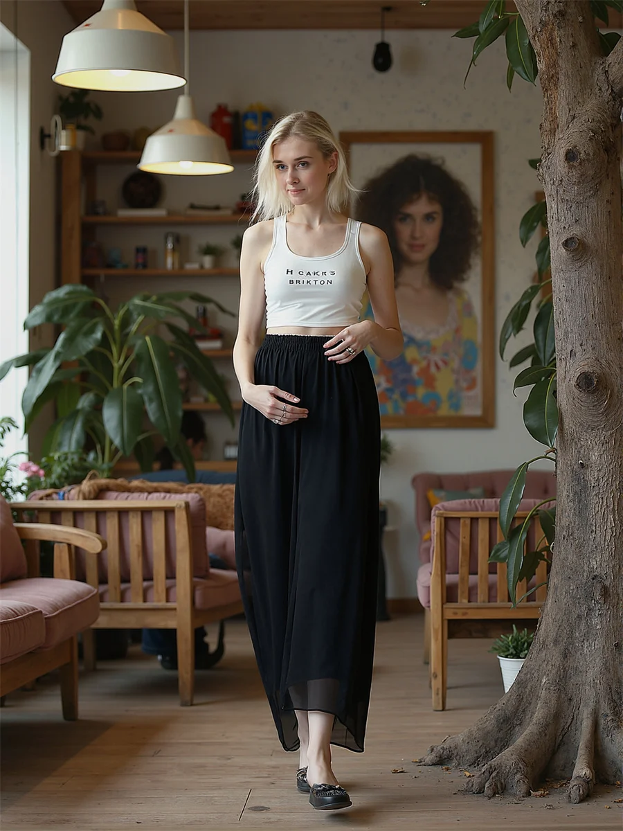 Calças de Chiffon de Perna Larga com Cintura Elástica para Mulheres, Verão, Estilo Clássico Casual com Padrão Jovem