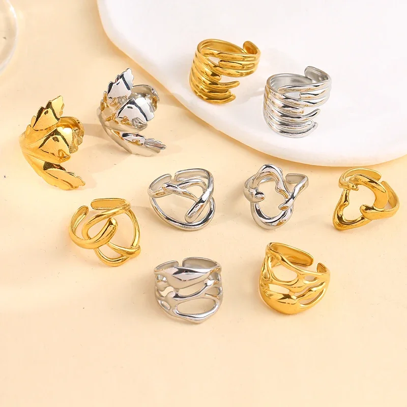 Retro Trendy Leaf Geometric Multi-Layered Lines Gold Silver Color Stainless Steel Hollow Open End Ring Women Personality Jewelry