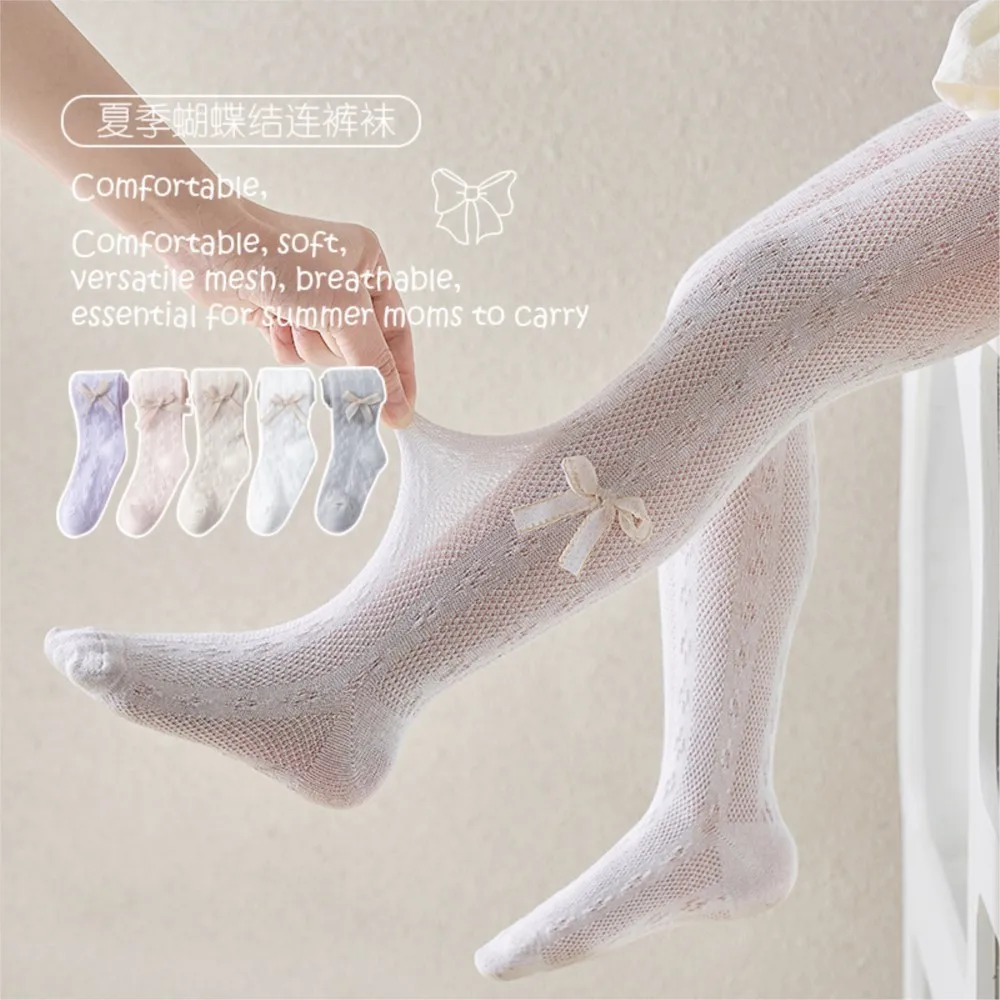 New thin cotton mesh bow in summer children's pantyhose Candy-colored girls mosquito-proof bottom pantyhose.