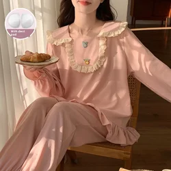 Spring and Autumn Pink Soft Women's Long Sleeve Pajamas Homewear Set with Chest Pad Teenage Students Sweet and Cute Homewear