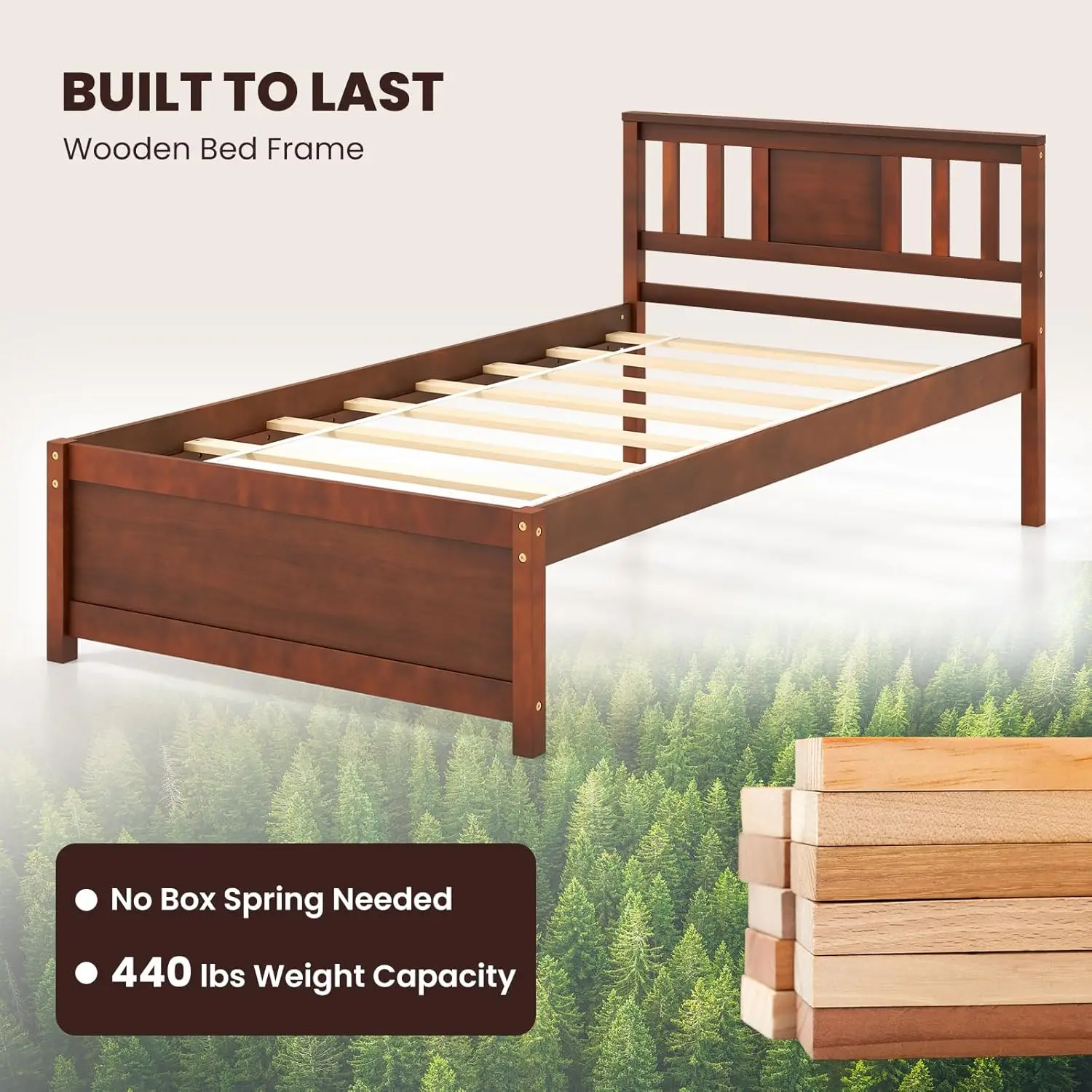 Bingkai kayu Twin Bed dengan Headboard, tempat tidur Platform kayu Solid pertengahan abad dengan penyangga bilah kayu, tempat tidur Panel tunggal, tanpa kotak pegas