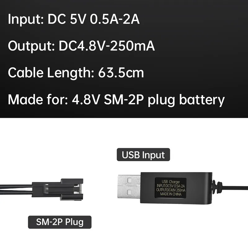 4.8V USB Charger with SM-2P Plug for SY-E511 RC Excavator E562 TD141 RC Off-Road Vehicle 4.8V NiCd or NiMH or Lipo Batteries