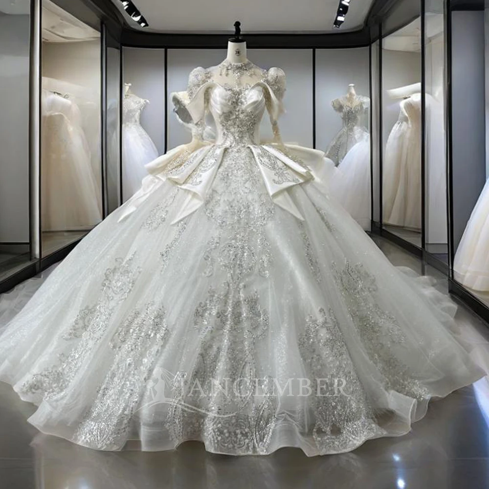 Stylish Wedding Dress Minimalist Organza Ball Gown Customized ScoopNeck Wedding Gown For Bride Pearls LaceSequined Suknia Ślubna