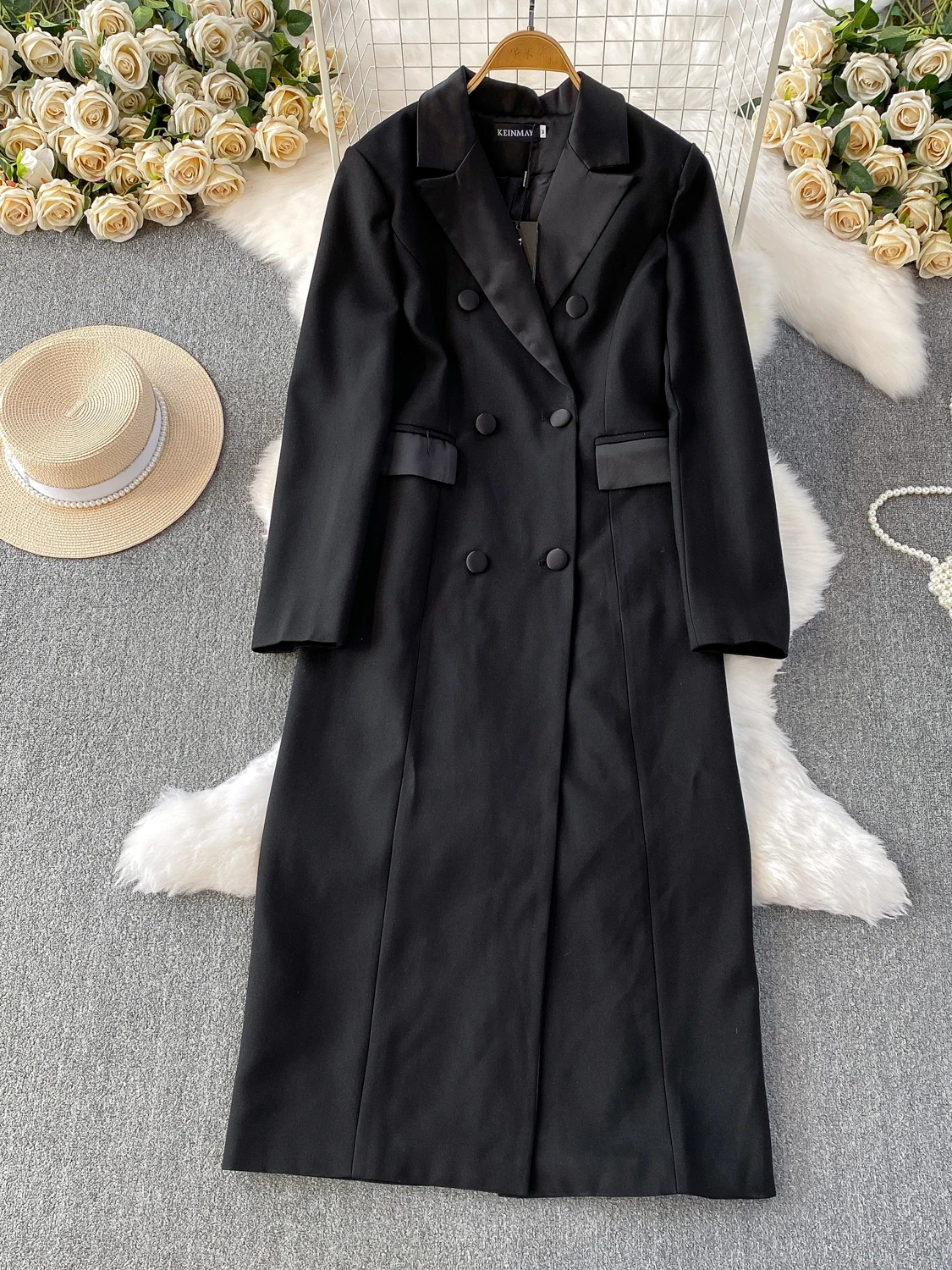 레트로 브리티 슬레 블라 슈트 칼라 드 여성용 신상 더블 버튼 허리 조임 슬림핏 미디 길이 코트 자켓