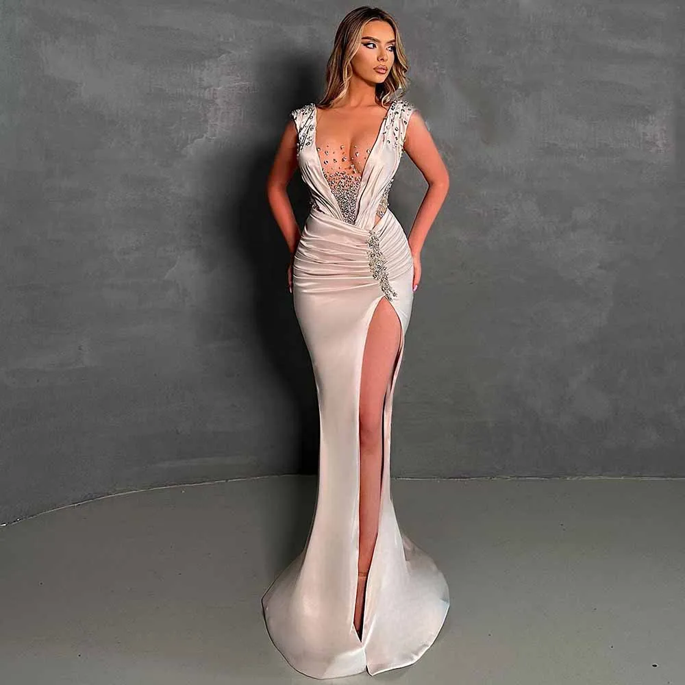 

Sexy Evening Gowns Satin Mermaid/Trumpet Valentine's Day Dress Lilac Rhinestones/Crystals Pleat Split Birthday Dress Long 2025