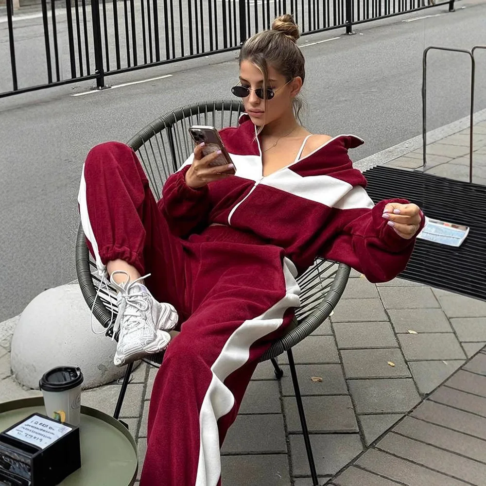 

Ladies Retro Color Block Fleece Tracksuit, Zip Up Sweatshirt + High Waist Sweatpants 2 Piece Loungewear Set