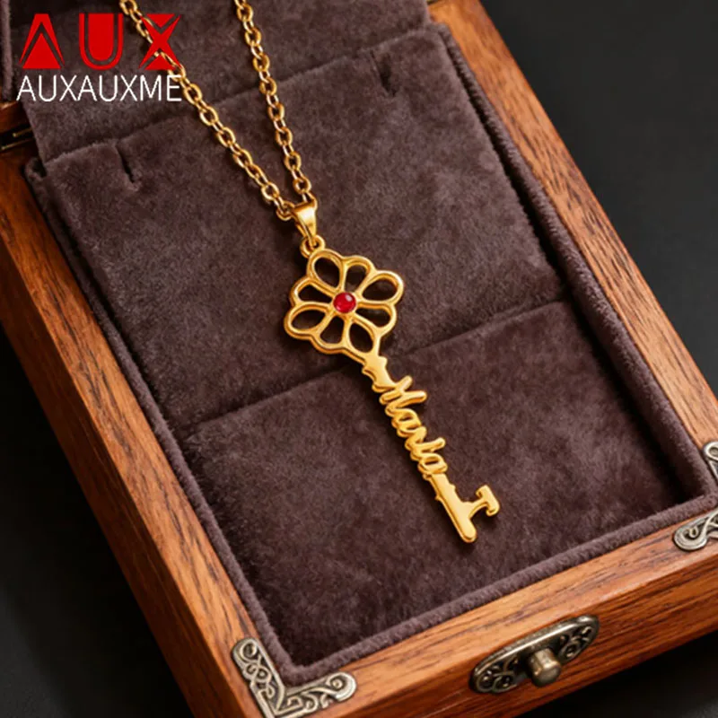

Auxauxme Customized Key Names Necklace Stainless Steel For Women Men Personalized Letters Zircon Pendants Jewelry Couple Gifts