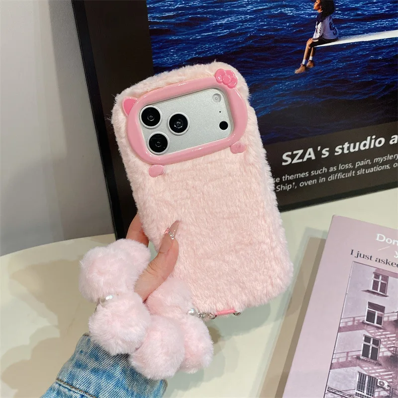 Luxury Solid Colors Furry Plush Phone Case For iPhone 17 Air 16 15 14 12 13 11 Pro Max With Lanyard Shockproof Protective Cover view 5